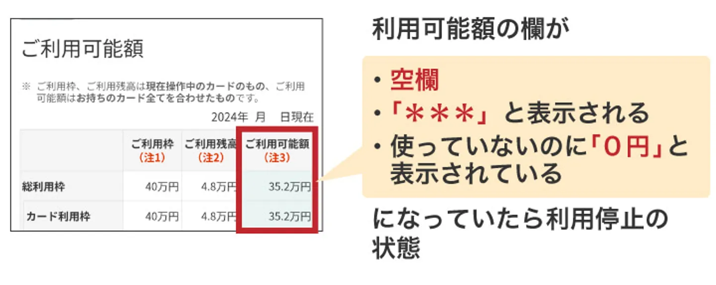 利用可能額の欄が ・空欄 ・「＊＊＊」と表示される ・使っていないのに「0円」と   表示されている になっていたら利用停止の 状態