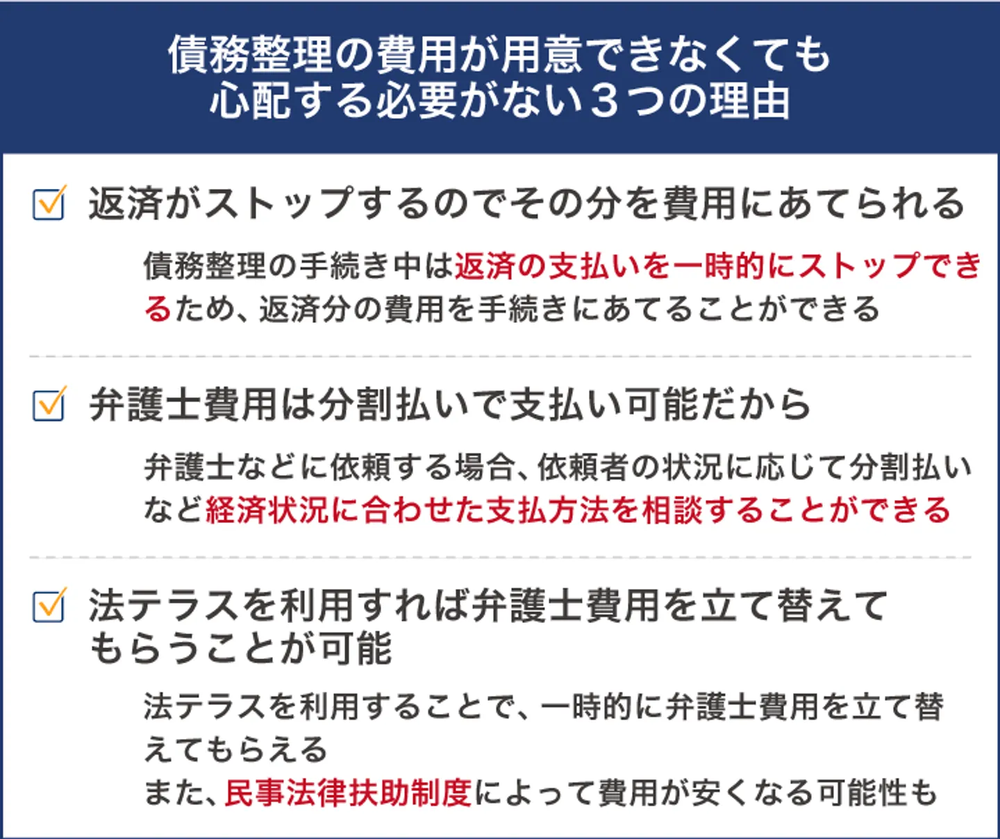 債務整理の費用が用意できなくても 心配する必要がない3つの理由